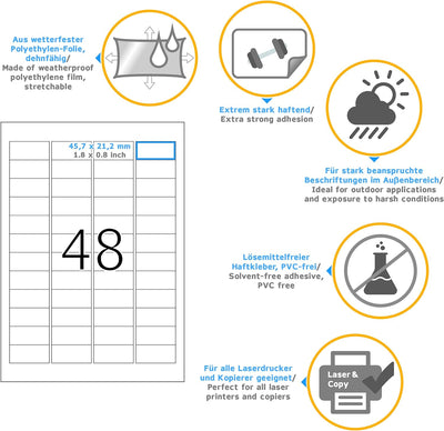 HERMA 9536 Wetterfeste Folienetiketten, 40 Blatt, 45,7 x 21,2 mm, 48 Stück pro A4 Bogen, 1920 Aufkle