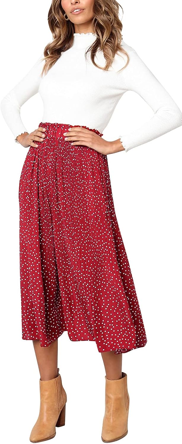 Hoerev Frauen Print Punkt mit Taschen Falten Langer Rock Beach Party Maxi Rock S Rot Punkt, S Rot Pu