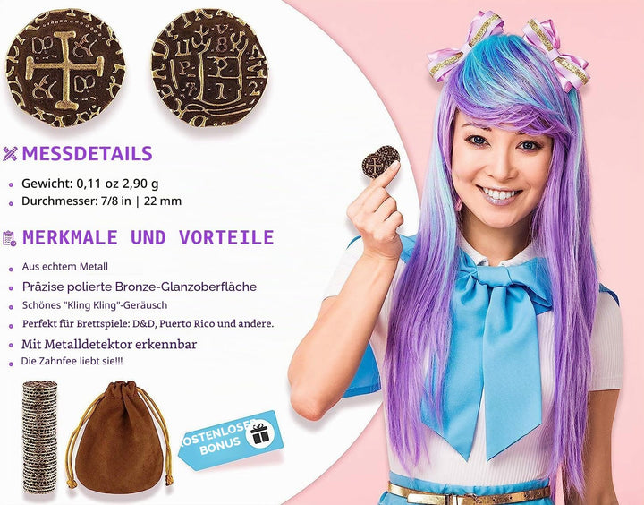Piraten Münzen Zubehör, 35 Bronzemünzen-Set, Metall Goldtaler Deko Dublonen für DND Brettspiele, Cos