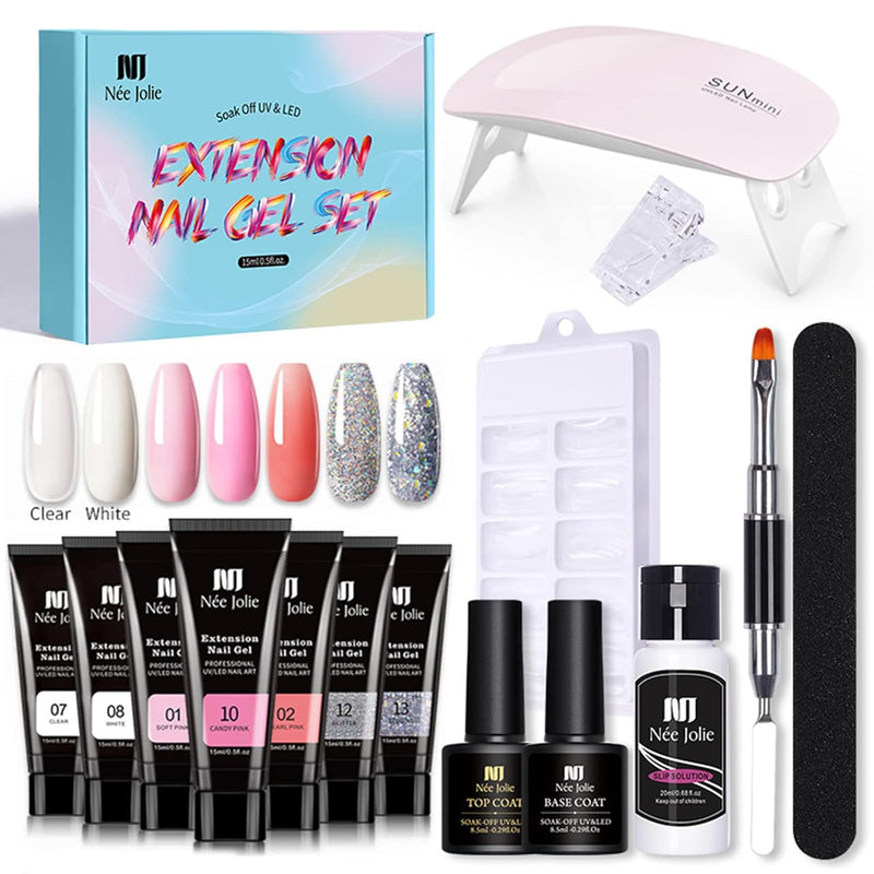 Poly Nagel Gel Starter Set mit UV Lamp Poly Nagelgel Set mit 7 Farben und Basislack&Decklack Manikür
