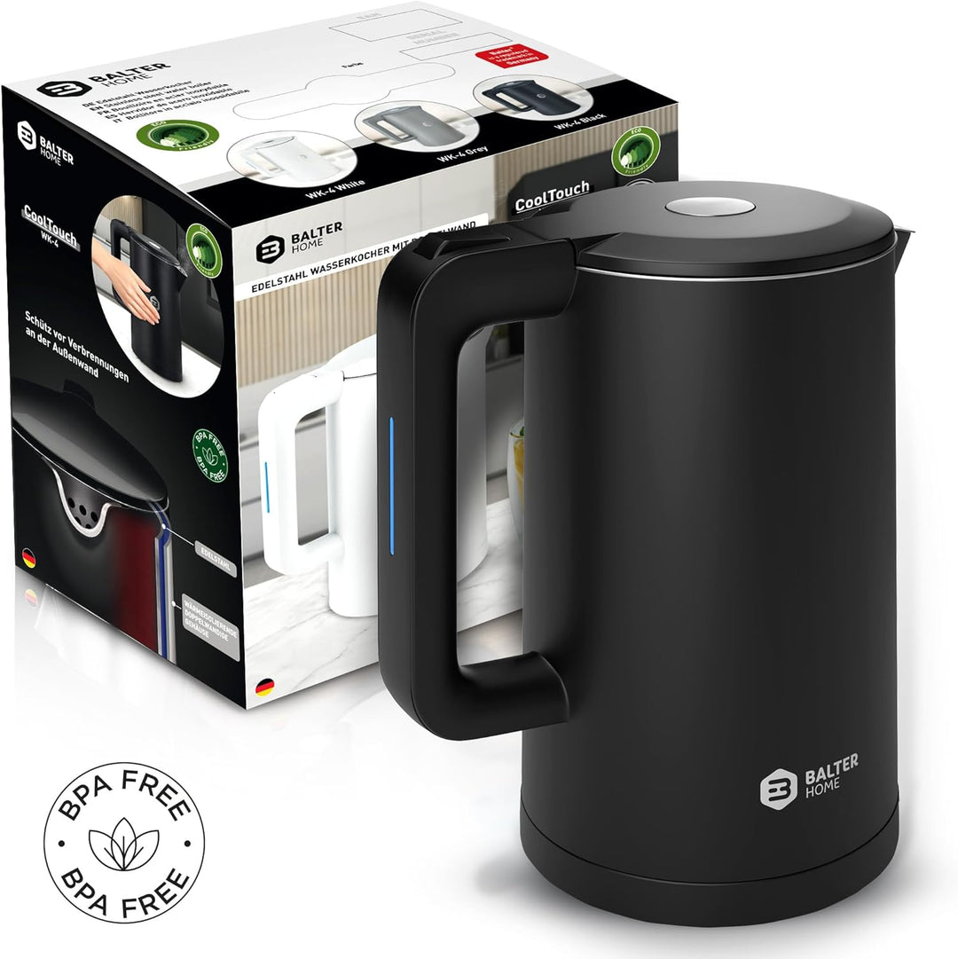 Balter Wasserkocher Edelstahl WK-4, 1,7 Liter, elektrischer Wasserkocher, Doppelwand Design, BPA fre