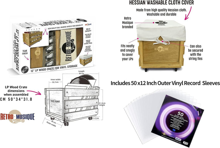 Retro Musique Wooden 12" LP Vinyl Record Aufbewahrungskiste auf Rädern Fasst bis zu 100 Alben (In PV