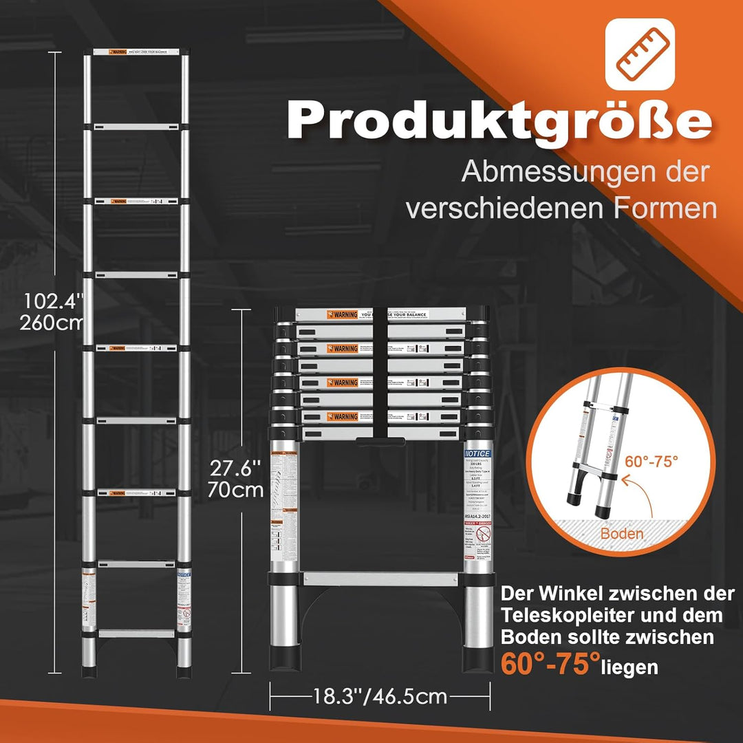 2,6m Teleskopleiter mit rutschfesten Füssen, HBTower Leichte Ausziehleiter, Leiter Ausziehbar, klapp