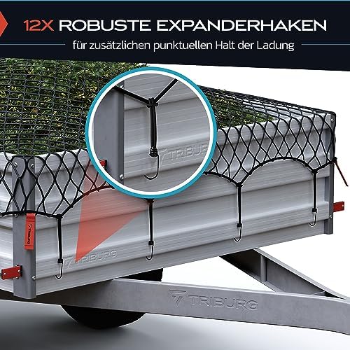 TRIBURG Anhängernetz Dehnbar 2x3 m bis 3x4 m inkl. 12 Expanderhaken | Elastisches Anhänger Netz mit