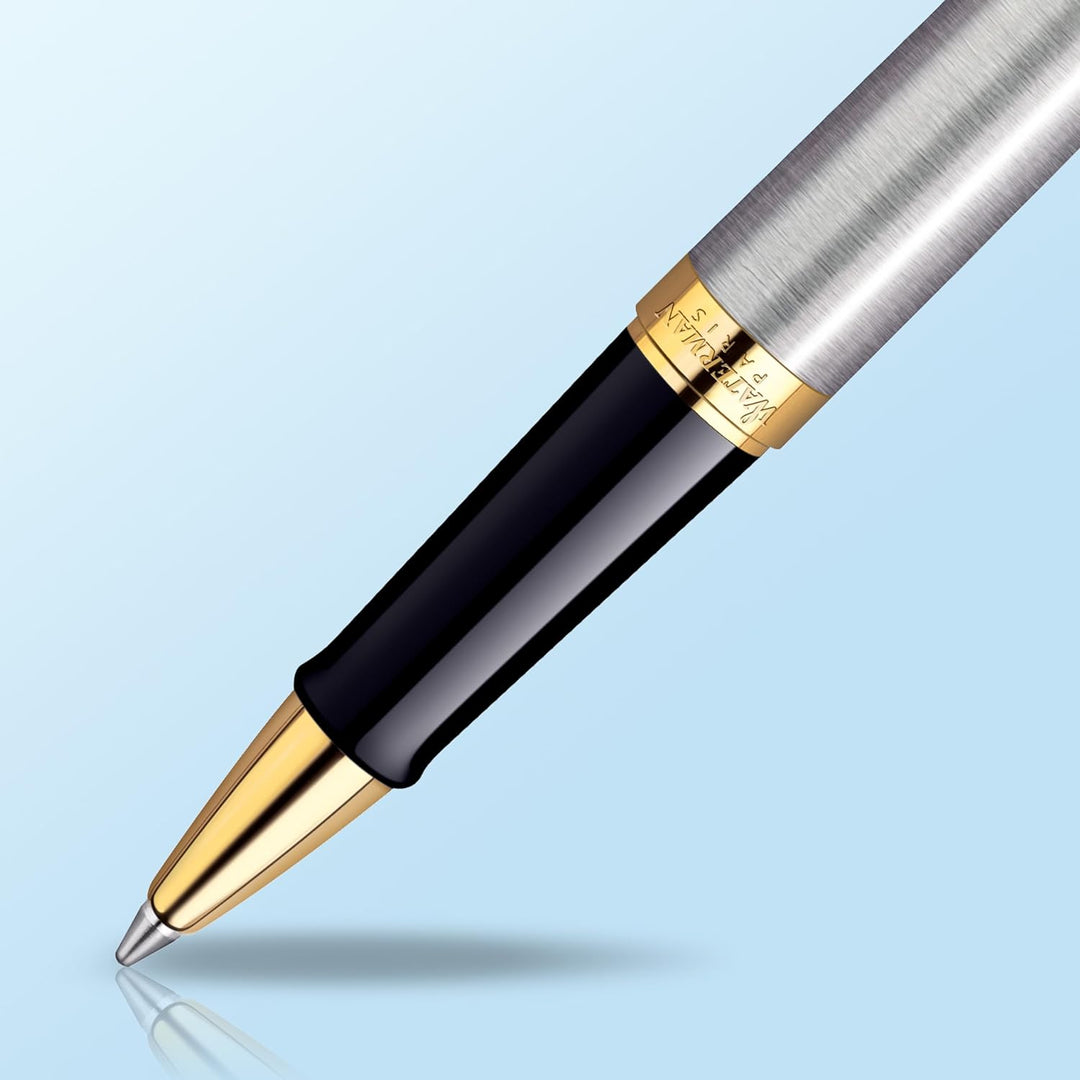 Waterman Hémisphère Tintenroller , Edelstahl mit Zierteile aus 23 K Gold , feine Spitze , Schwarze T