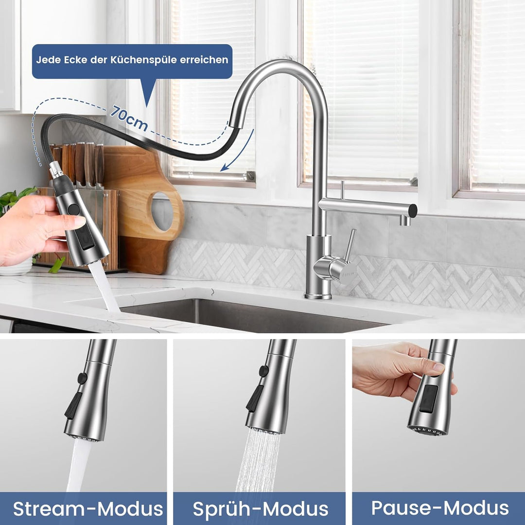 FEELSO Küchenarmatur mit Filter, 2-in-1 Wasserhahn Küche Ausziehbar mit 2 Strahlarten, 360° Drehbare