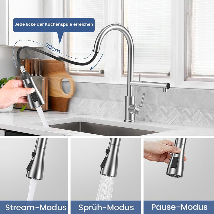 FEELSO Küchenarmatur mit Filter, 2-in-1 Wasserhahn Küche Ausziehbar mit 2 Strahlarten, 360° Drehbare