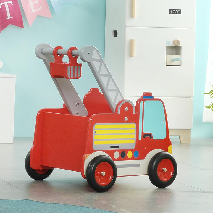labebe Rot Feuerwehrauto Lauflernwagen Holz Baby Push Pull Lauflernhilfe Spielzeug mit Rädern für Ju