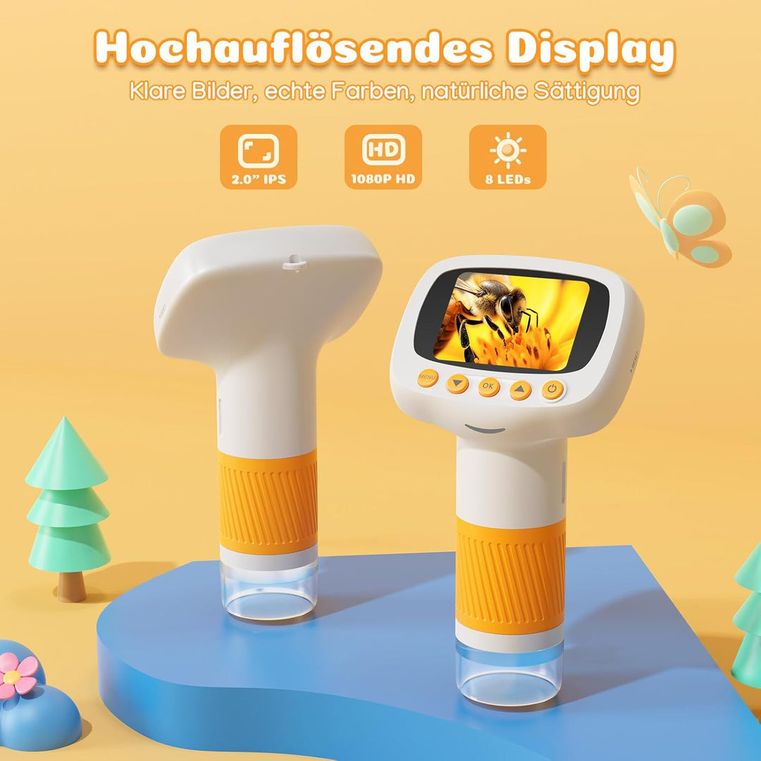 Digitales Mikroskop für Kinder mit Wecker, Tragbares Kinder Mikroskop mit 1000x Vergrösserung, 2 Zol
