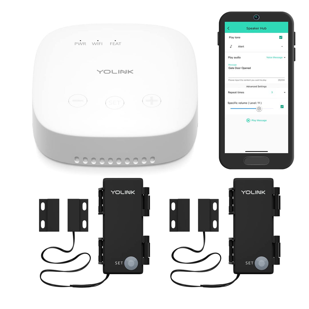 YOLINK LoRa Smart Outdoor Kontaktsensor & LautsprecherHub Starter Kit: SpeakerHub Audio Hub, (2) Tor