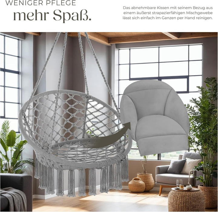 tectake® Hängesessel, Hängeschaukel mit dicken Kissen & Quasten, Boho Hängekorb Ø 80 cm, Hängesessel