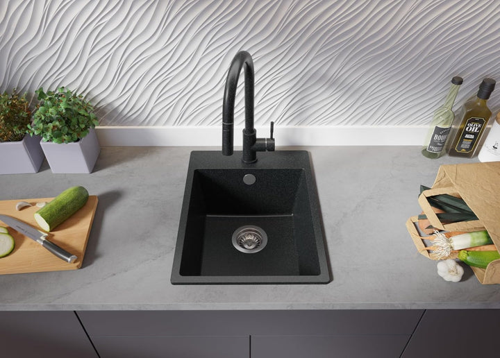 Spülbecken Graphit 38x50 cm, Granitspüle 1 Becken + Ablauf-Set, Küchenspüle ab 40er Unterschrank, Ei