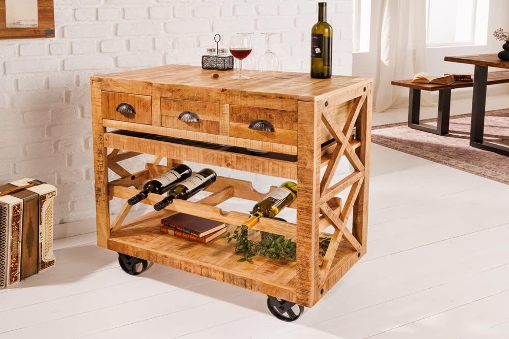 riess-ambiente.de Industrial Barschrank Bodega 86cm Mangoholz Servierwagen mit Weinregal