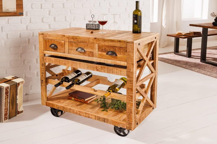 riess-ambiente.de Industrial Barschrank Bodega 86cm Mangoholz Servierwagen mit Weinregal