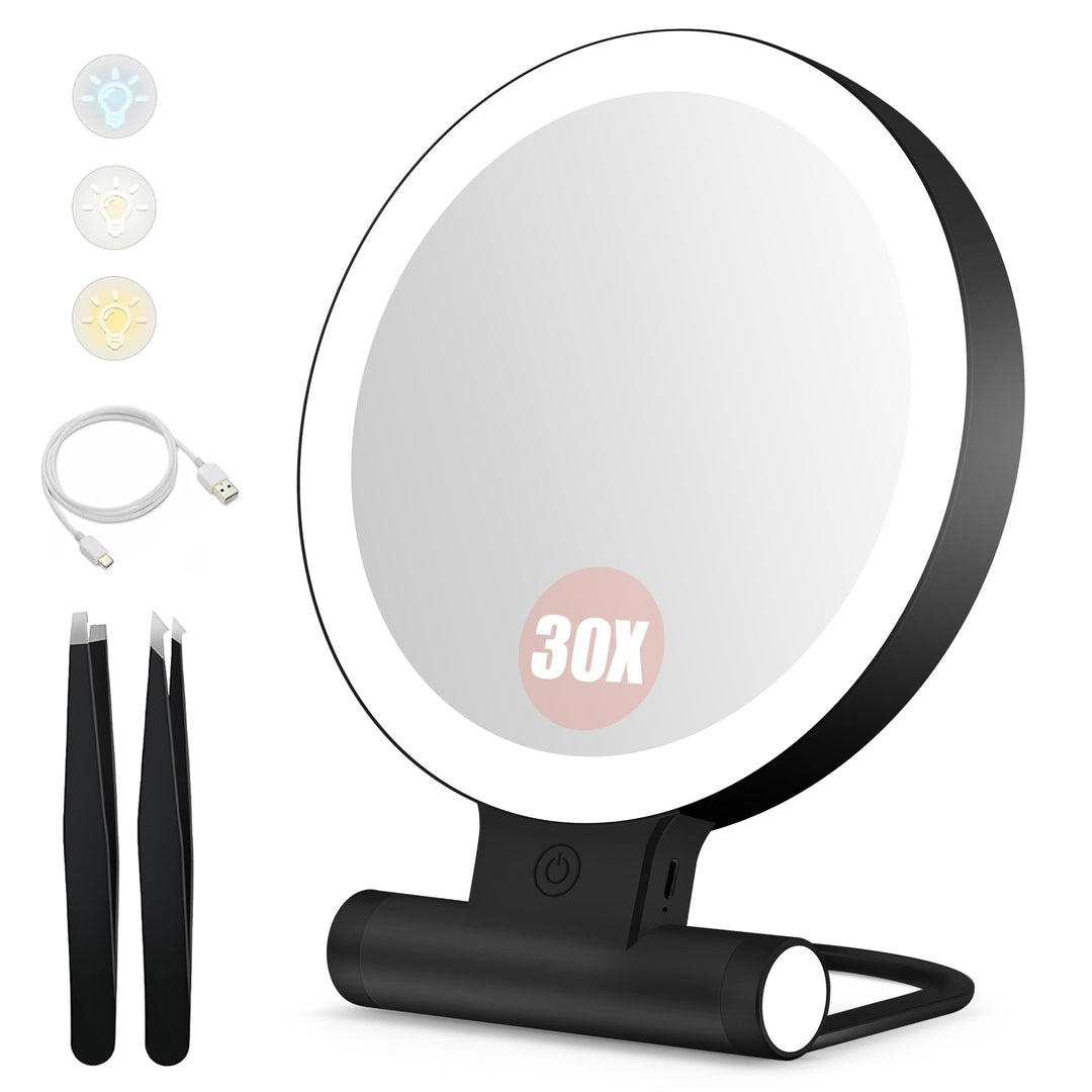 B Beauty Planet Kosmetikspiegel mit Beleuchtung, 30 fache/1-fach Doppelseitige Tischspiegel,3 Farbli