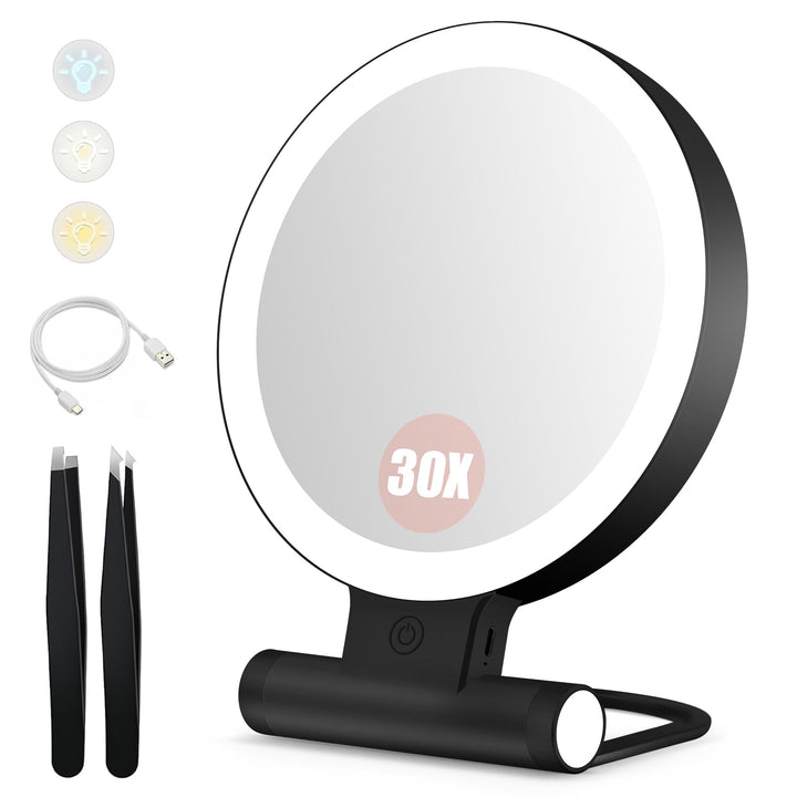 B Beauty Planet Kosmetikspiegel mit Beleuchtung, 30 fache/1-fach Doppelseitige Tischspiegel,3 Farbli