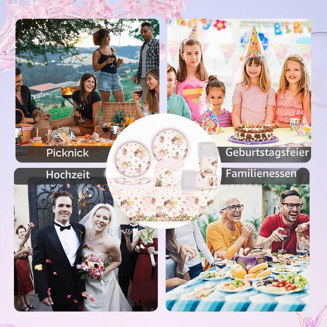 Doyomtoy Feen-Party-Geschirr,61 Stück Fee Partygeschirr Kindergeburtstag Set,Mädchen Geburtstag Part