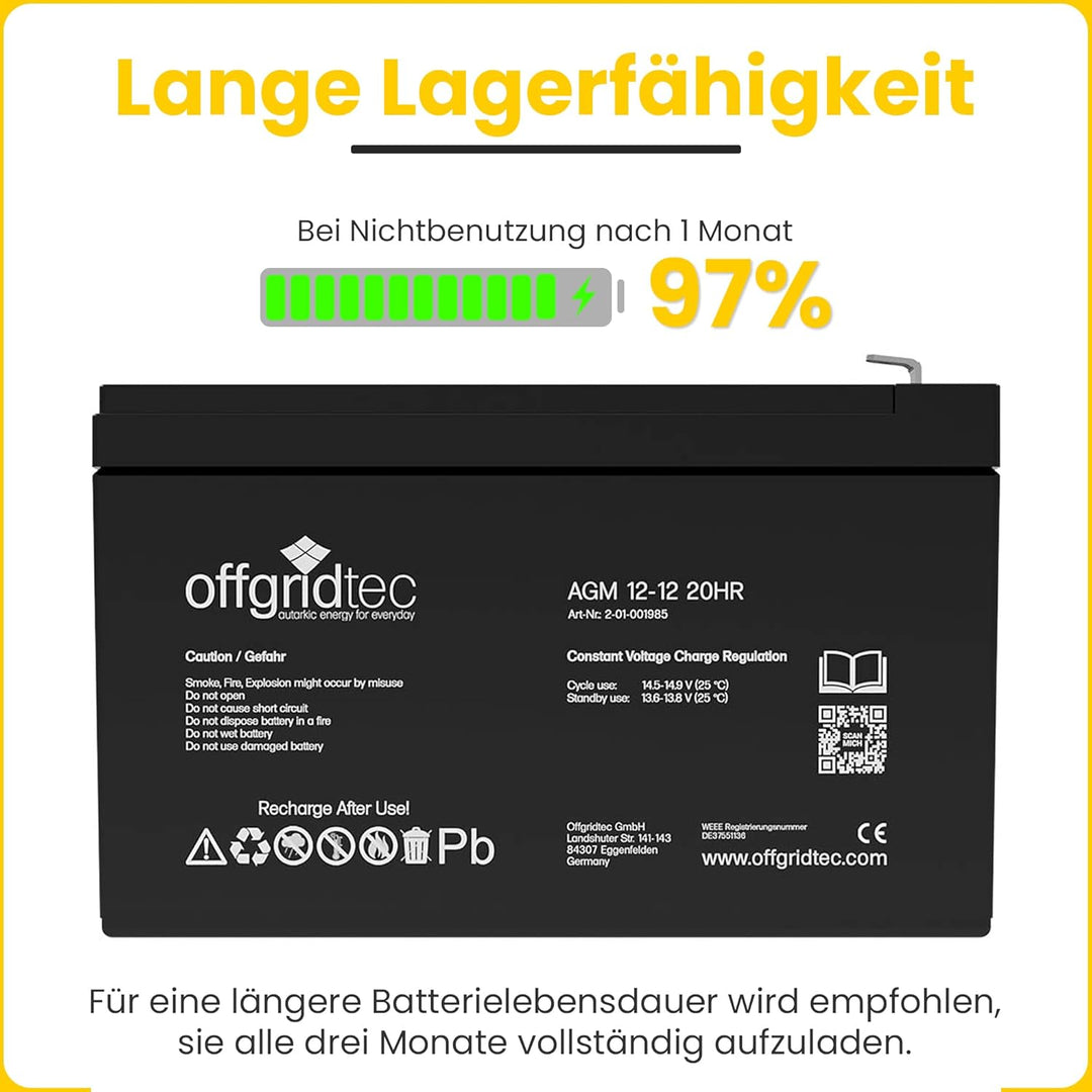 Offgridtec® 12Ah 12V Bleiakku AGM Zyklenfest USV Ersatz VRLA, 12Ah
