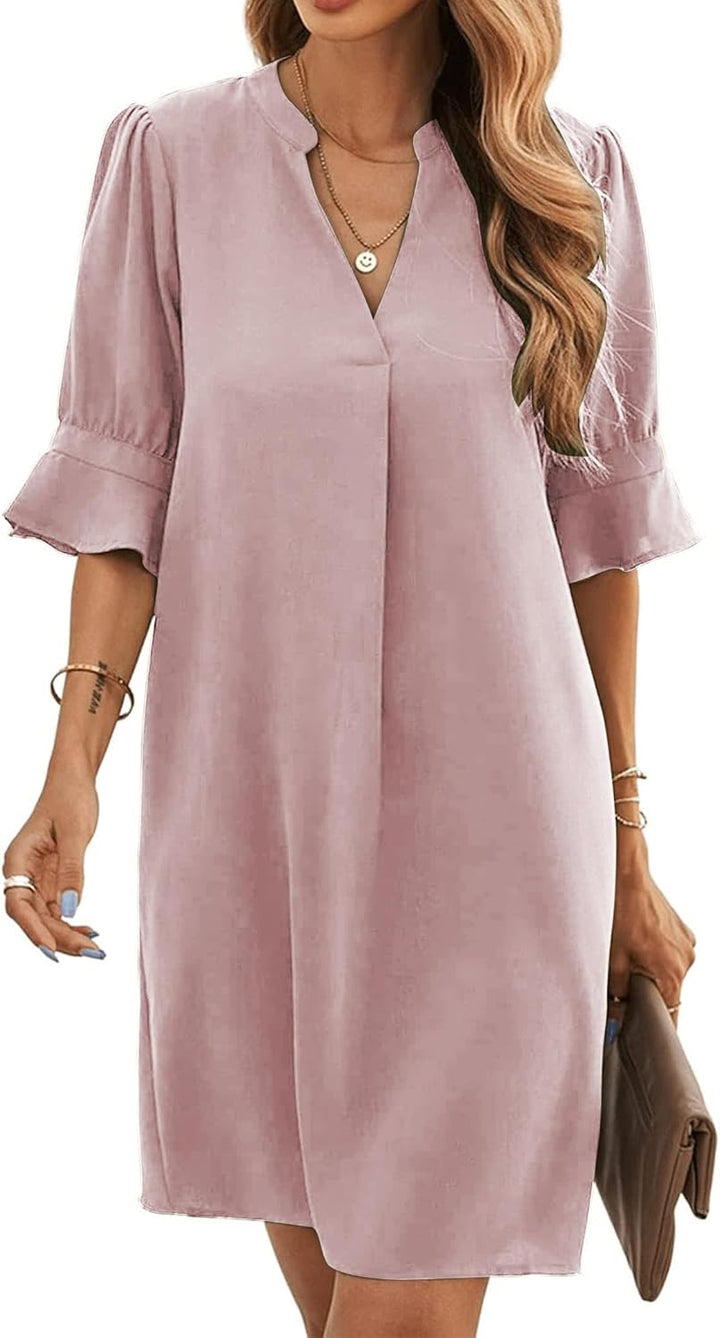 Famulily Frauen V-Ausschnitt Halbarm Hemdkleid Elegant Sommer Casual Einfarbig Kurzes Kleid S-XXL M