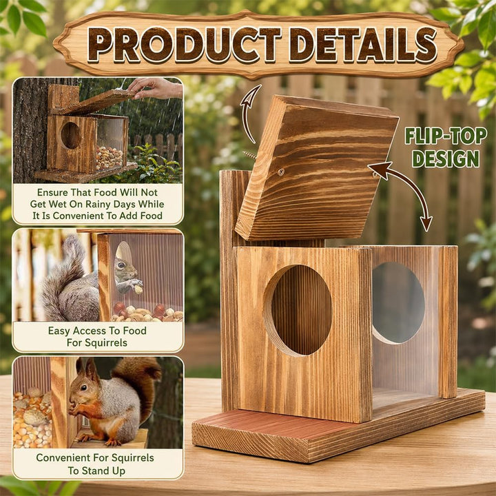 NAVESO Wooden Squirrel Feeder,Squirrel House Nesting Box for Nuts Corn, Peanuts,Squirrel Feeding Sta