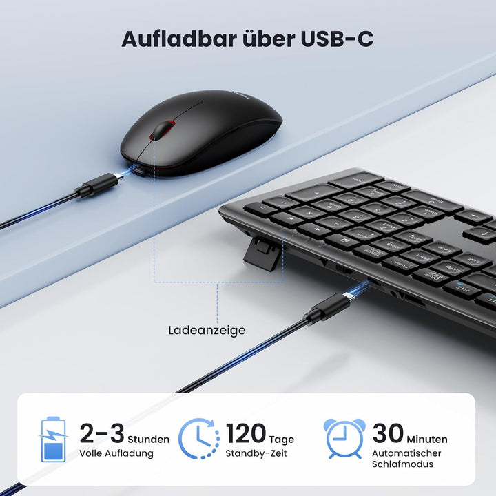 TECKNET Tastatur Maus Set Kabellos, 2.4G Wiederaufladbare Maus und Tastatur | Fullsize Deutsch QWERT
