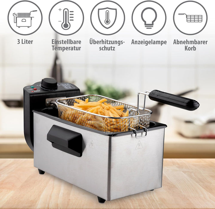 alpina Fritteuse - 3 Körbe - 5 Liter - 2000 Watt - Thermostat bis 190 °C - Anti-Heizung - Edelstahl
