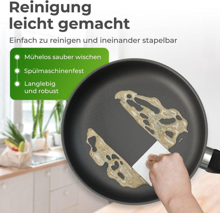 KLAMER Bratpfanne (24 + 28cm) Induktion – Profi Edelstahlpfanne mit Greblon® C3+ Antihaftbeschichtun