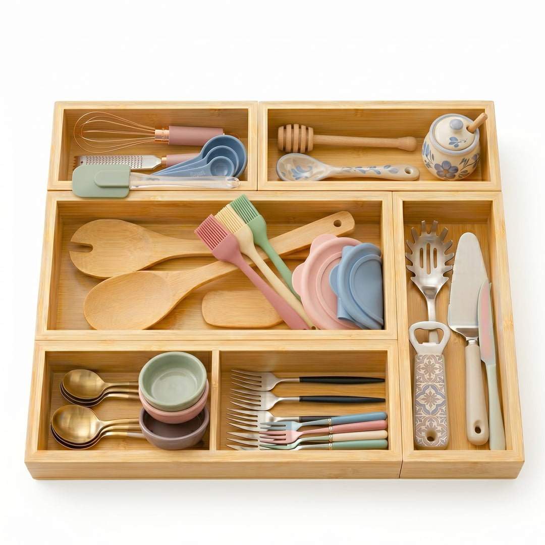 Schubladen Organizer aus Naturbambus 5er Set | Stapelbar, Aufbewahrungsbox Holz, Schreibtisch Organi
