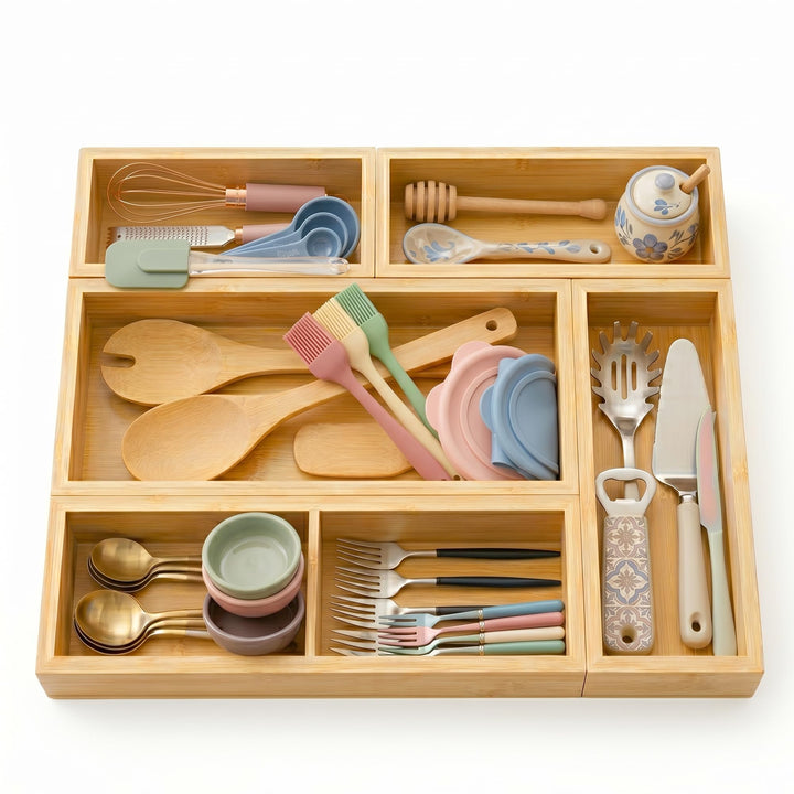 Schubladen Organizer aus Naturbambus 5er Set | Stapelbar, Aufbewahrungsbox Holz, Schreibtisch Organi