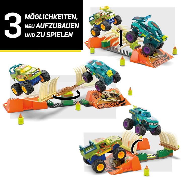 MEGA Hot Wheels Monster Trucks Bauspielzeug, Smash &amp; Crash Mega-Wrex Boneyard Stuntparcours mit 332