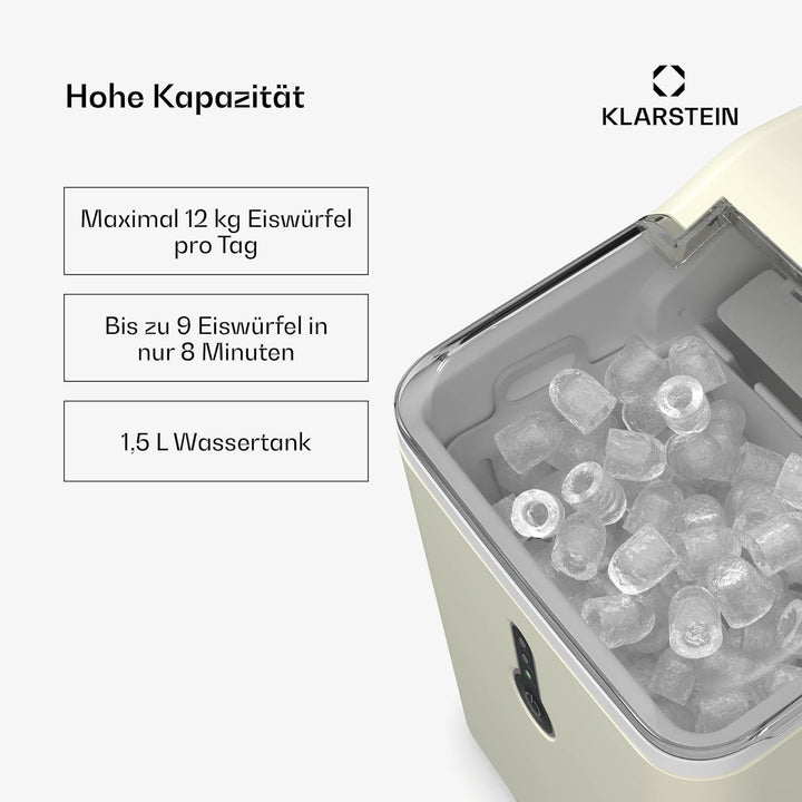 Klarstein Eiswürfelmaschine Klein - 12 kg/24 h, 8 Min Zyklus, 1,5 L Wassertank, LED-Anzeigen, Tragba