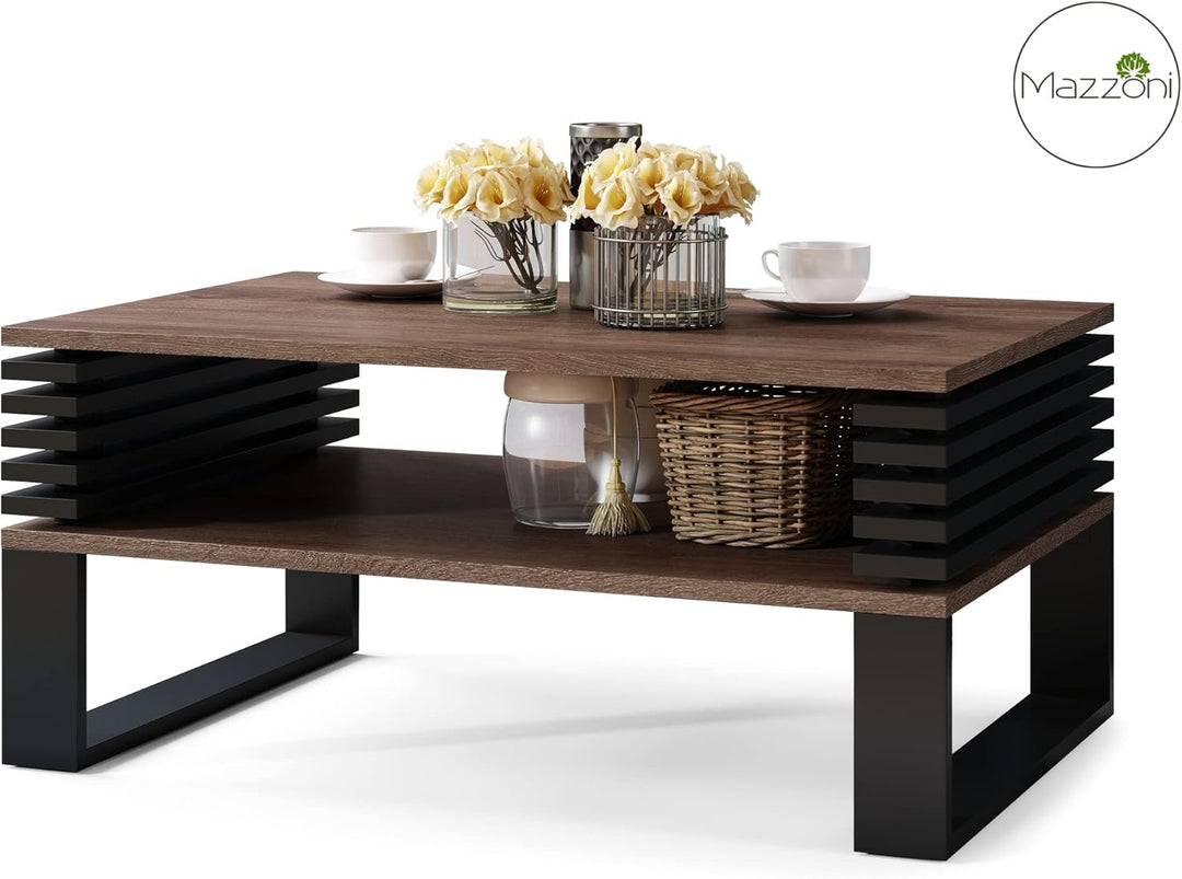 Design Couchtisch Gokee Tisch Wohnzimmertisch 90x42x60cm mit Ablagefläche, Farbe:Eiche dunkel/Schwar