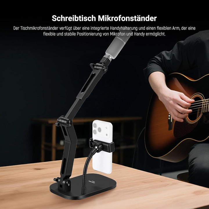 NEEWER Microphone Stand, Tisch Mikrofonständer mit Handyhalterung flexiblem Arm, verstellbare Mikrof