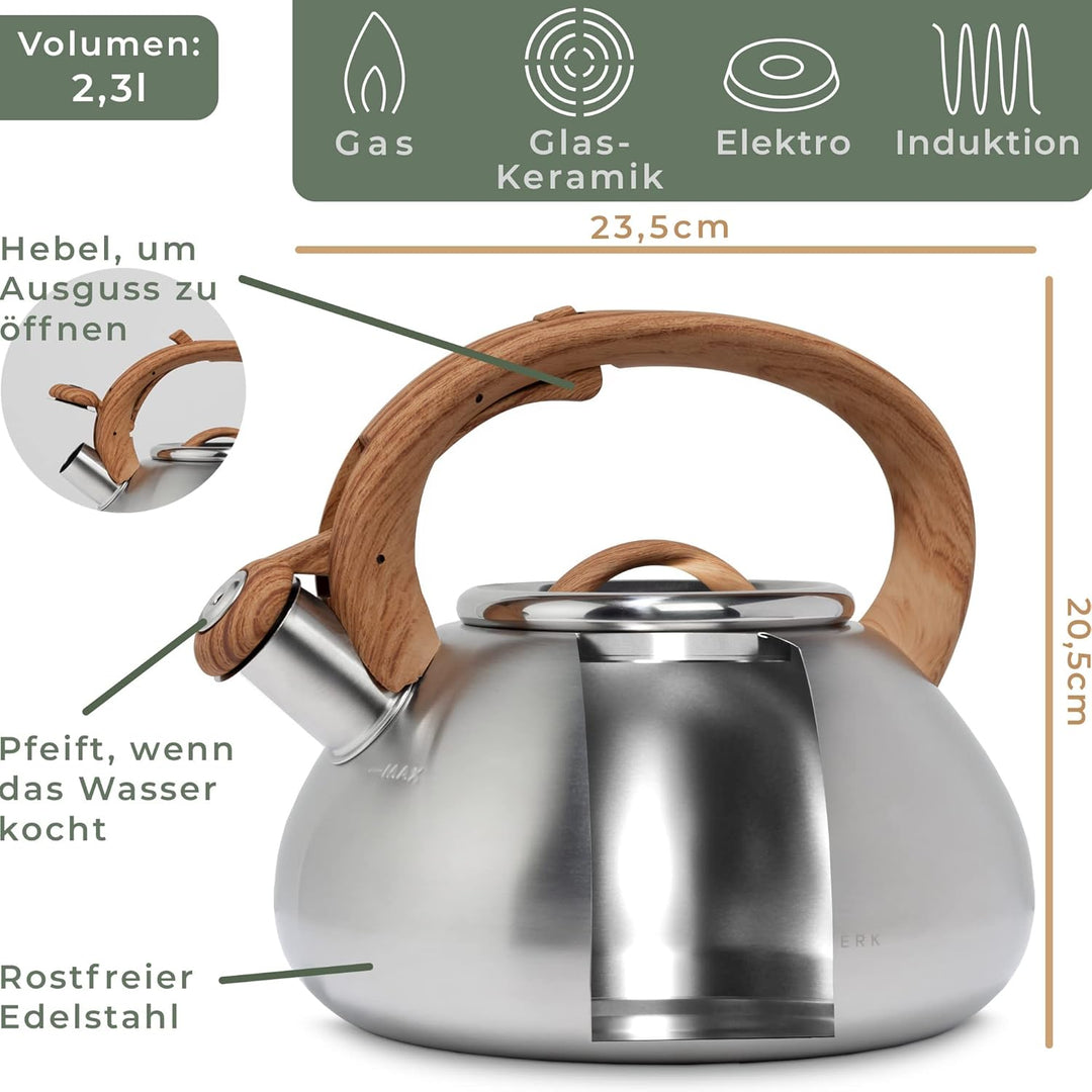 WALDWERK Wasserkessel (2,3L) - Wasserkessel für Induktion und Gasherd - Teekessel mit Holzoptik Grif