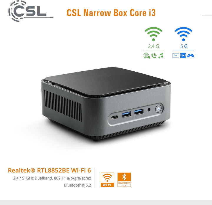 Mini PC CSL Narrow Box Core i3 Windows 11 Home, Intel Core i3-N305 8X 3800 MHz Turbotakt, 1000 GB M.