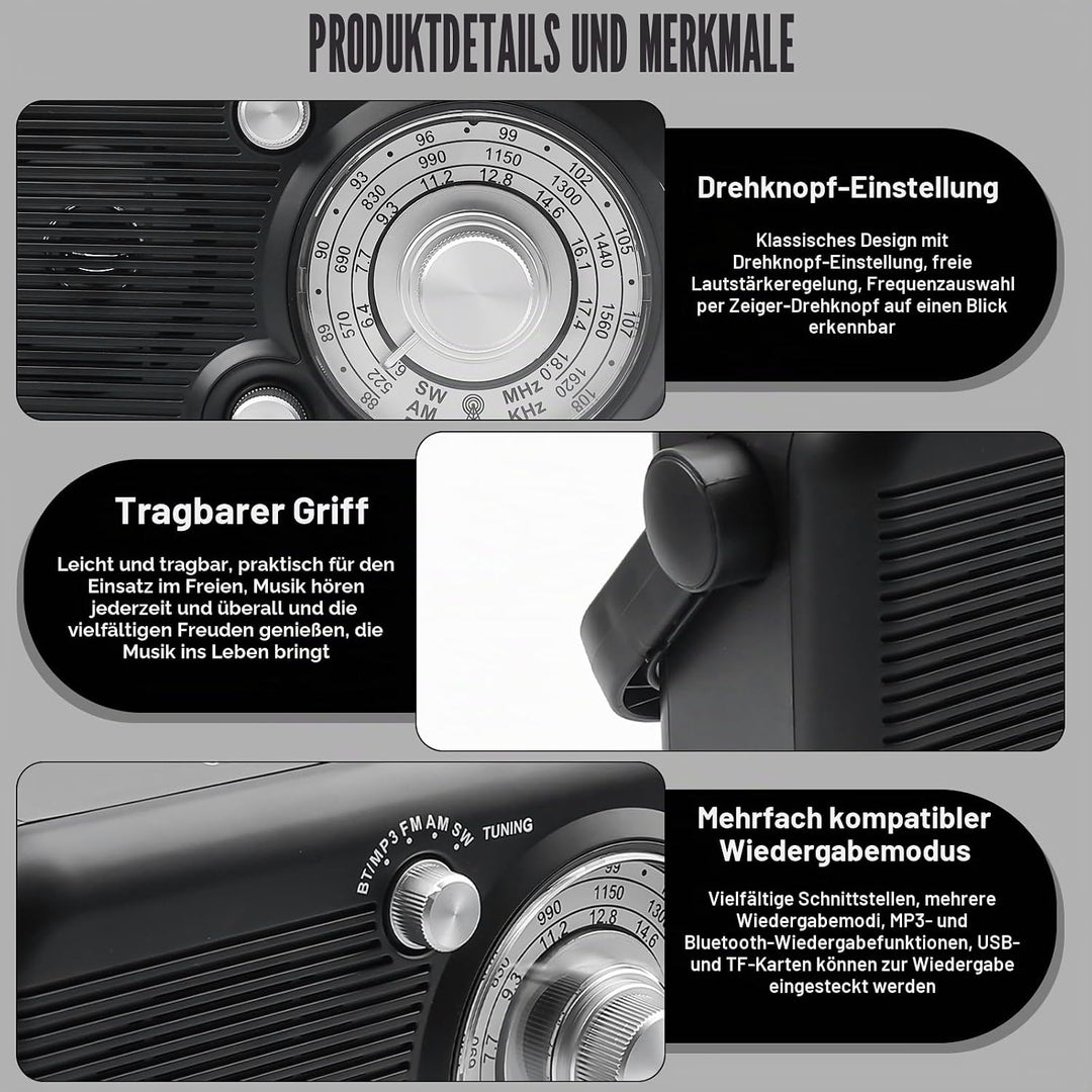 Tragbares Radio mit Bluetooth, AM,FM,SW Kofferradio, Strom & Batteriebetrieb, Eingebautem Lautsprech