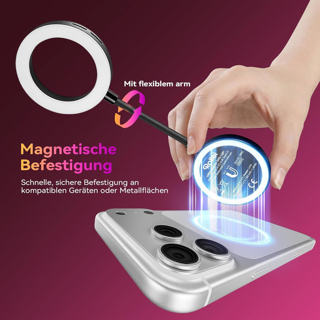 Ringlicht Handy, Rollei Magnetische Selfie Light Kompatibel mit iPhone Android Smartphone Tablet Lap