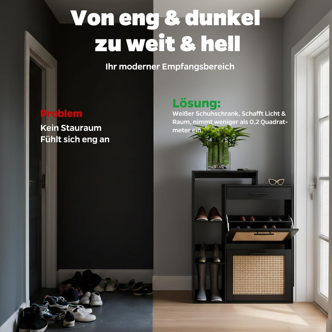 Schuhschrank schmal schwarz mit Schublade & Rattan-Dekor – eleganter Schuhkipper schwarz für Flur &