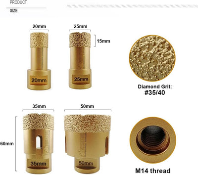 SHDIATOOL Diamantbohrer, 4 Stück, 20/25/35/50 mm, Vakuum- und Bohrer, mit M14-Gewinde für Trockenboh
