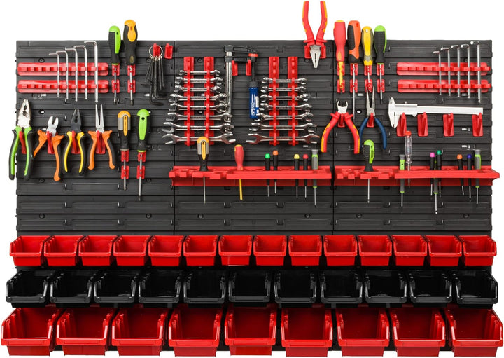 Lagersystem Werkstattregal | 117 x 78 cm | 34 stck. Box | Wandregal mit Werkzeughalterungen und Stap