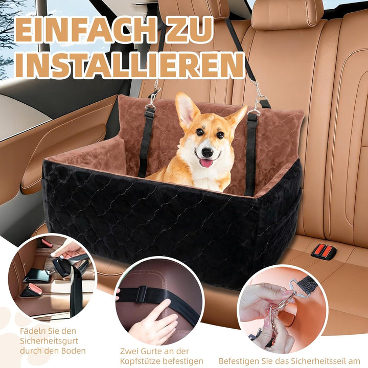 Hunde Autositz für mittlerer grosse Hunde,waschbarer Hundebett Auto für den Rücksitz, Braun+schwarz,