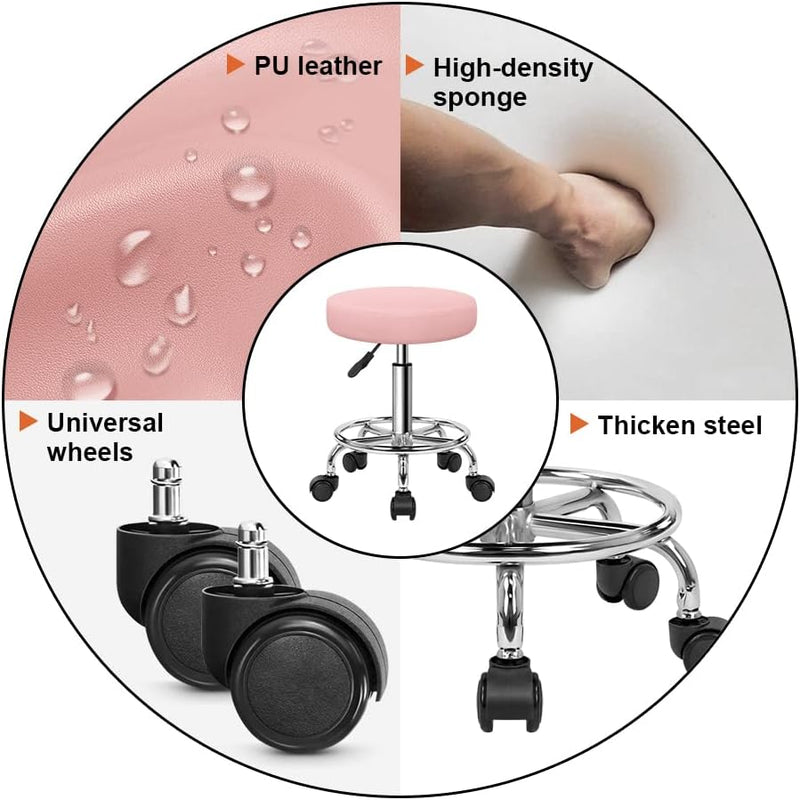 KKTONER Rollhocker höhenverstellbar drehbar Barhocker Arbeitshocker aus Kunstleder Bürohocker Pink R