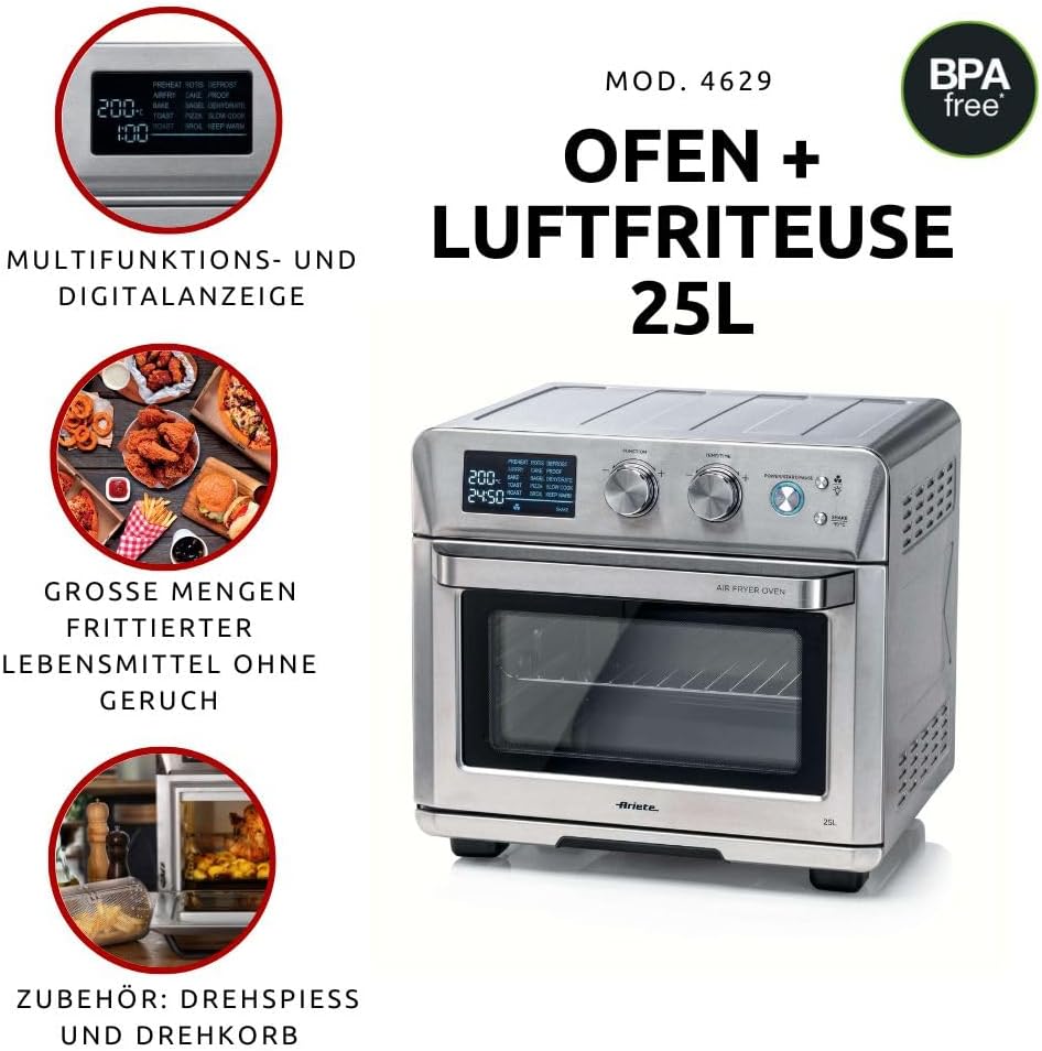 Ariete 4629 Airy Fryer Oven Digital SS, Luftfriteuse, Elektroofen, Fassungsvermögen 25 l, 1700 W, fü
