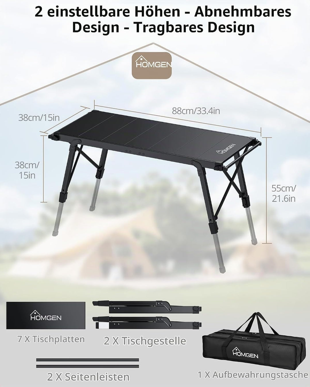 HOMGEN Picknicktisch IGT Campingtisch aus Aluminium Falttisch faltbar Höhenverstellbar 38-55 cm Klap