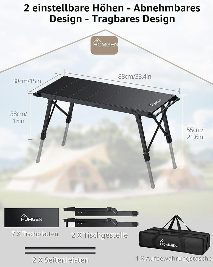 HOMGEN Picknicktisch IGT Campingtisch aus Aluminium Falttisch faltbar Höhenverstellbar 38-55 cm Klap