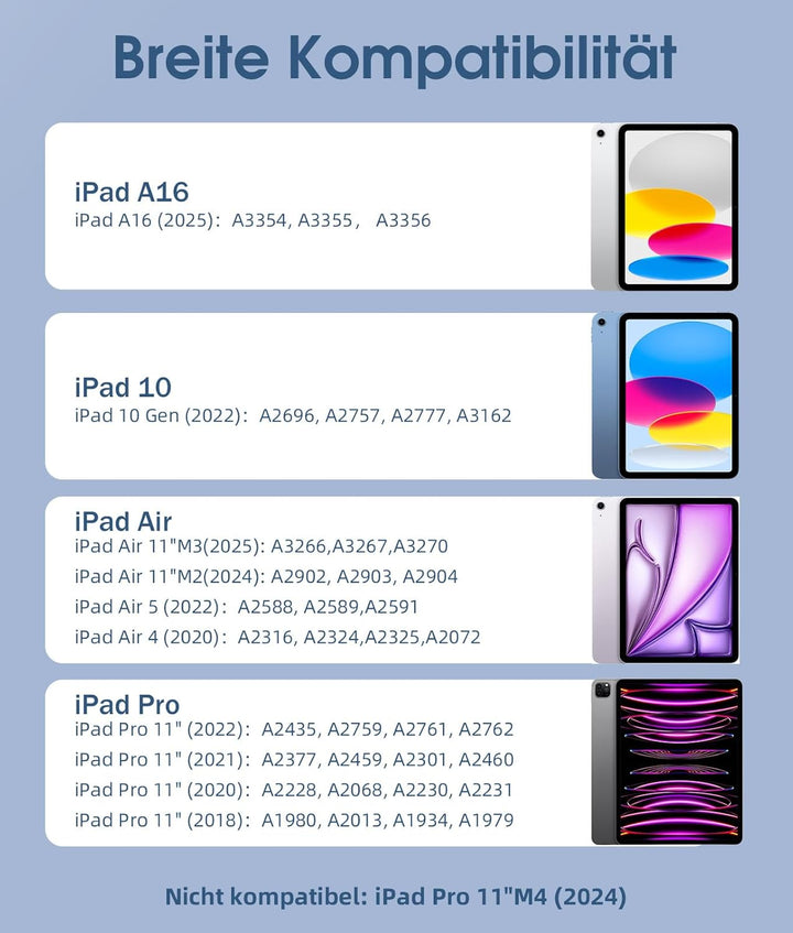 Vobafe Hülle mit Tastatur für iPad A16 11 Generation 2025/10 Gen 2022 10,9", Air 11 Zoll M4 2026/M3/
