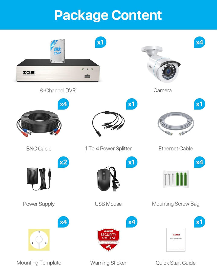 ZOSI 1080P Aussen Überwachungskamera Set 8CH 500GB DVR und 4 Aussen 1080P Verkabelt Video Sicherheit
