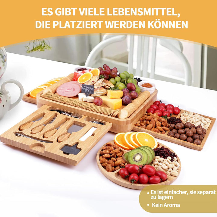 Bambus-Käsebrett, Käsebrett mit Käsemesser-Set, Charcuterie Board,Käsebretter, Servierbrett, für Wei