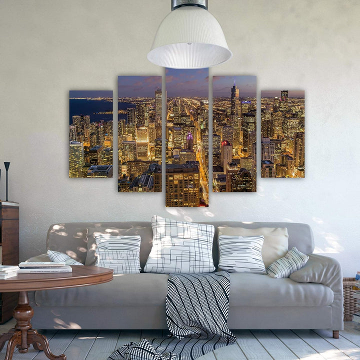 Feeby Leinwandbild 5 Teilig Chicago Bild Wanddeko City Stadt Landschaft orange 150x100 cm Leinwandbi