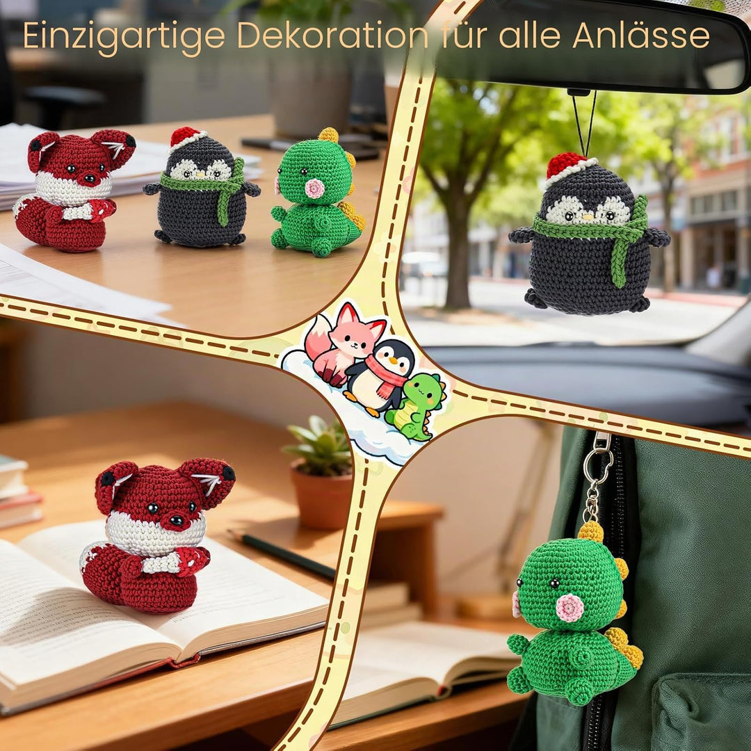 Häkelset für Anfänger Kinder - 3 Stück Tiere Häckel Kit für Kinder Erwachsene, Amigurumi Strickset m